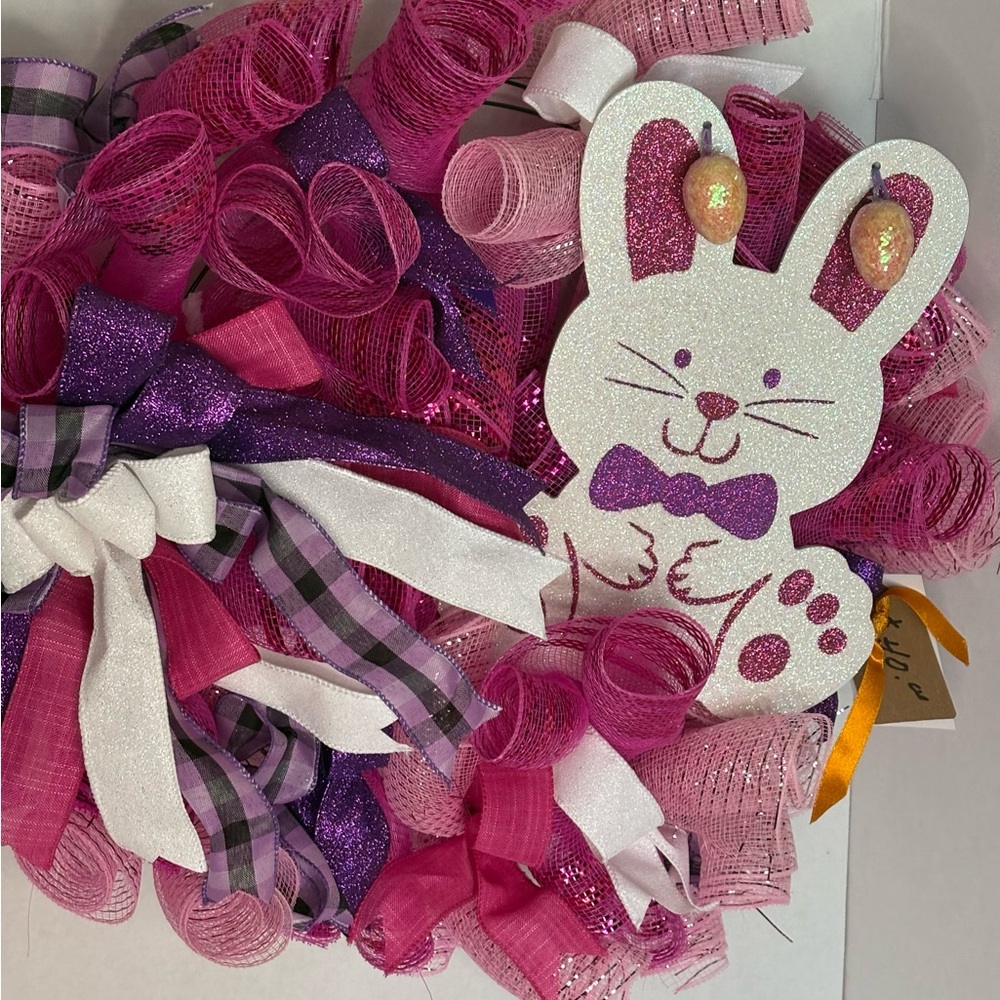 Pink Bunny Decorative Kids Wreath - Playful Easter Toy Accent 22 inches round